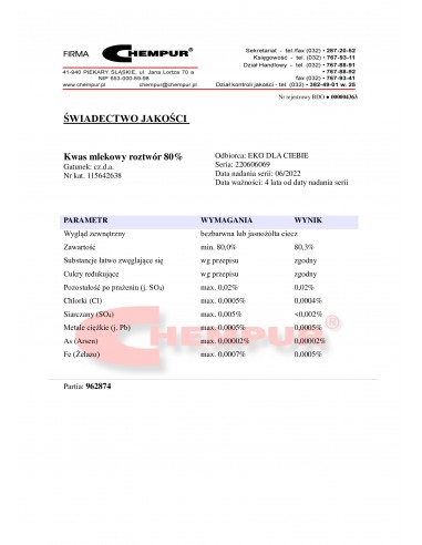 Kwas mlekowy 80% CZDA 500 ml Chempur