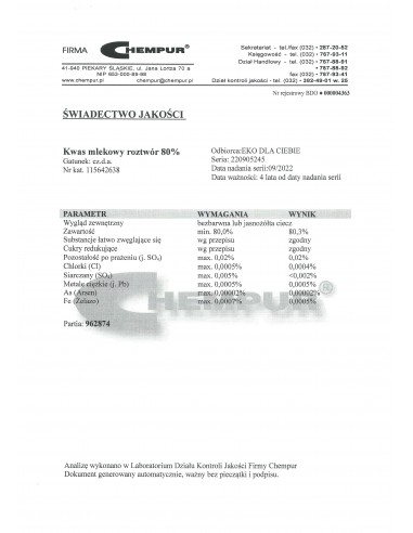 Kwas mlekowy 80% CZDA 100 ml Chempur