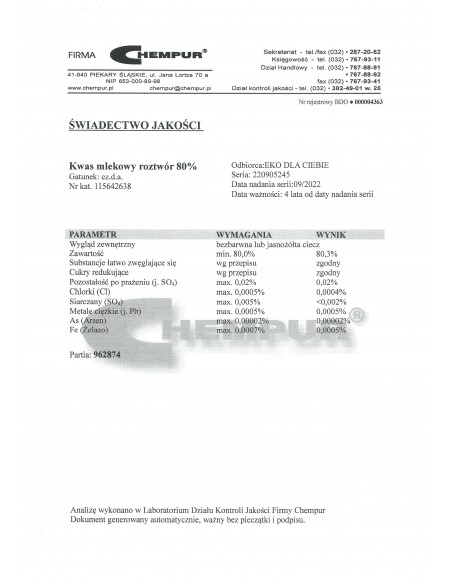 Kwas mlekowy 80% CZDA 100 ml Chempur