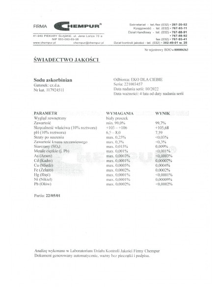 Askorbinian sodu CZDA 1 kg Chempur