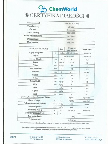 Kwas L(+) Mlekowy 21 % - 250 ml Chemworld