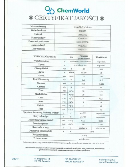 Kwas L(+) Mlekowy 21 % - 250 ml Chemworld