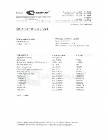 Askorbinian sodu CZDA 500 g Chempur