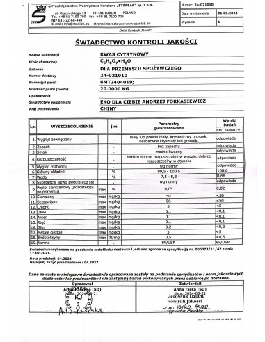 Kwas cytrynowy spożywczy - 5 kg Stanlab