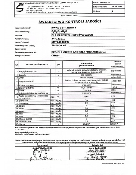 Kwas cytrynowy spożywczy - 5 kg Stanlab