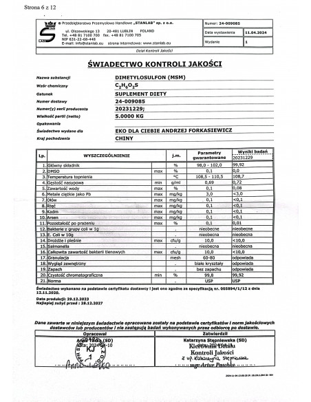 MSM – dimetylosulfon  siarka organiczna 1 kg Stanlab