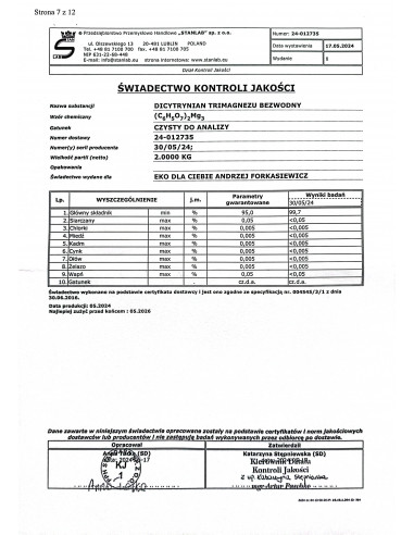 DICYTRYNIAN TRIMAGNEZU BEZWODNY CZDA (Cytrynian magnezu) 1 kg Stanlab