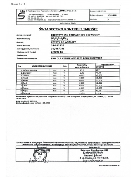 DICYTRYNIAN TRIMAGNEZU BEZWODNY CZDA (Cytrynian magnezu) 1 kg Stanlab