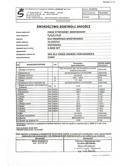 Kwas cytrynowy spożywczy - 500 g Stanlab
