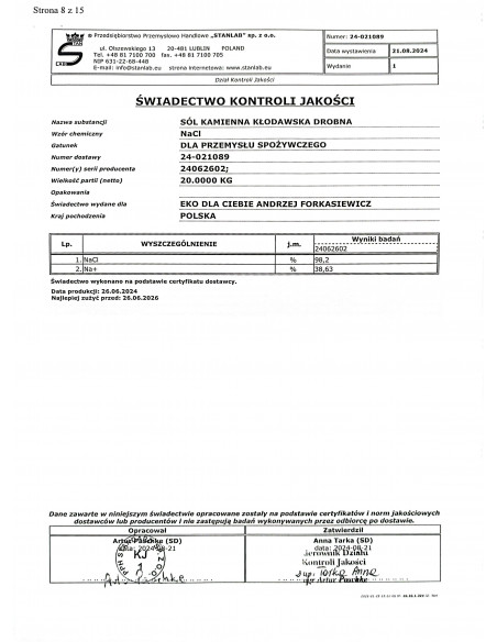 Sól Kłodawska drobna 1 kg Stanlab