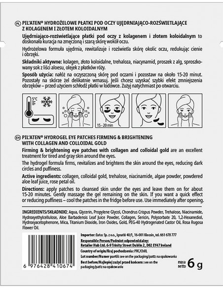 PILATEN -Hydrożelowe płatki pod oczy z Kolagenem i Złotem Koloidalnym 6g - 2 szt.