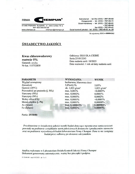 Kwas solny 5% CZDA 100 ml Chempur