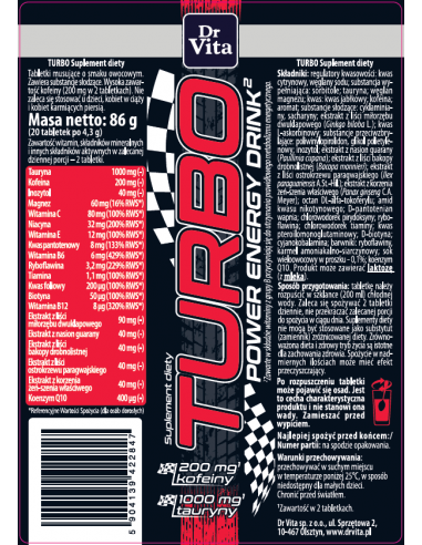 TURBO - Power energy drink - (następca Hussariona) - 20 tabletek musujących Dr Vita