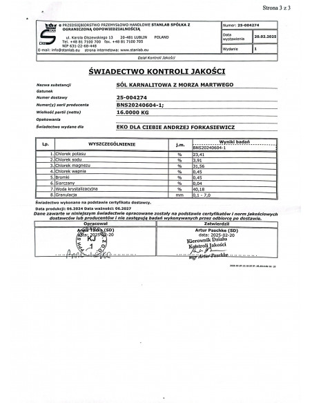 Sól karnalitowa z morza martwego 1 kg Stanlab