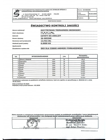 DICYTRYNIAN TRIMAGNEZU BEZWODNY CZDA (Cytrynian magnezu) 1 kg Stanlab
