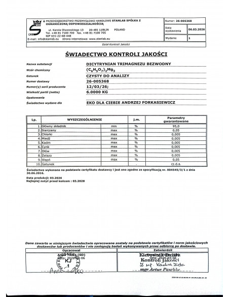 DICYTRYNIAN TRIMAGNEZU BEZWODNY CZDA (Cytrynian magnezu) 1 kg Stanlab
