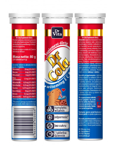 Dr Cola Witaminy Musujące Bez Cukru 10 witamin Dr Vita 20 tabl.
