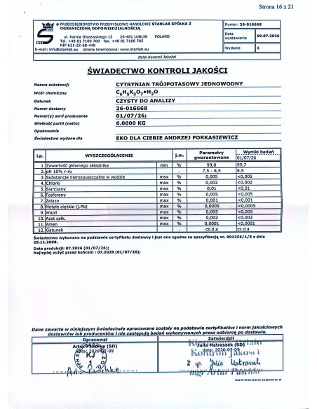 Cytrynian tripotasowy jednowodny  CZDA 1kg Stanl