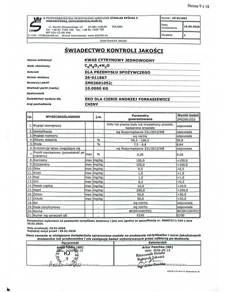 Kwas cytrynowy spożywczy - 5 kg Stanlab