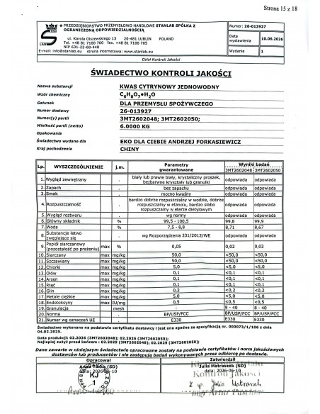 Kwas cytrynowy spożywczy - 1 kg Stanlab