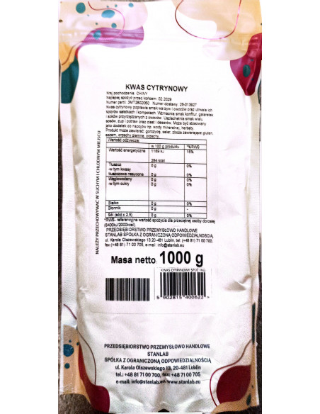 Kwas cytrynowy spożywczy - 1 kg Stanlab