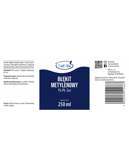 Błękit metylenowy PH. EUR.  Farmaceutyczny 1% 250 ml