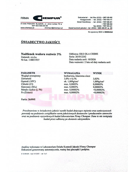 Nadtlenek wodoru 3% CZDA 1 L Chempur